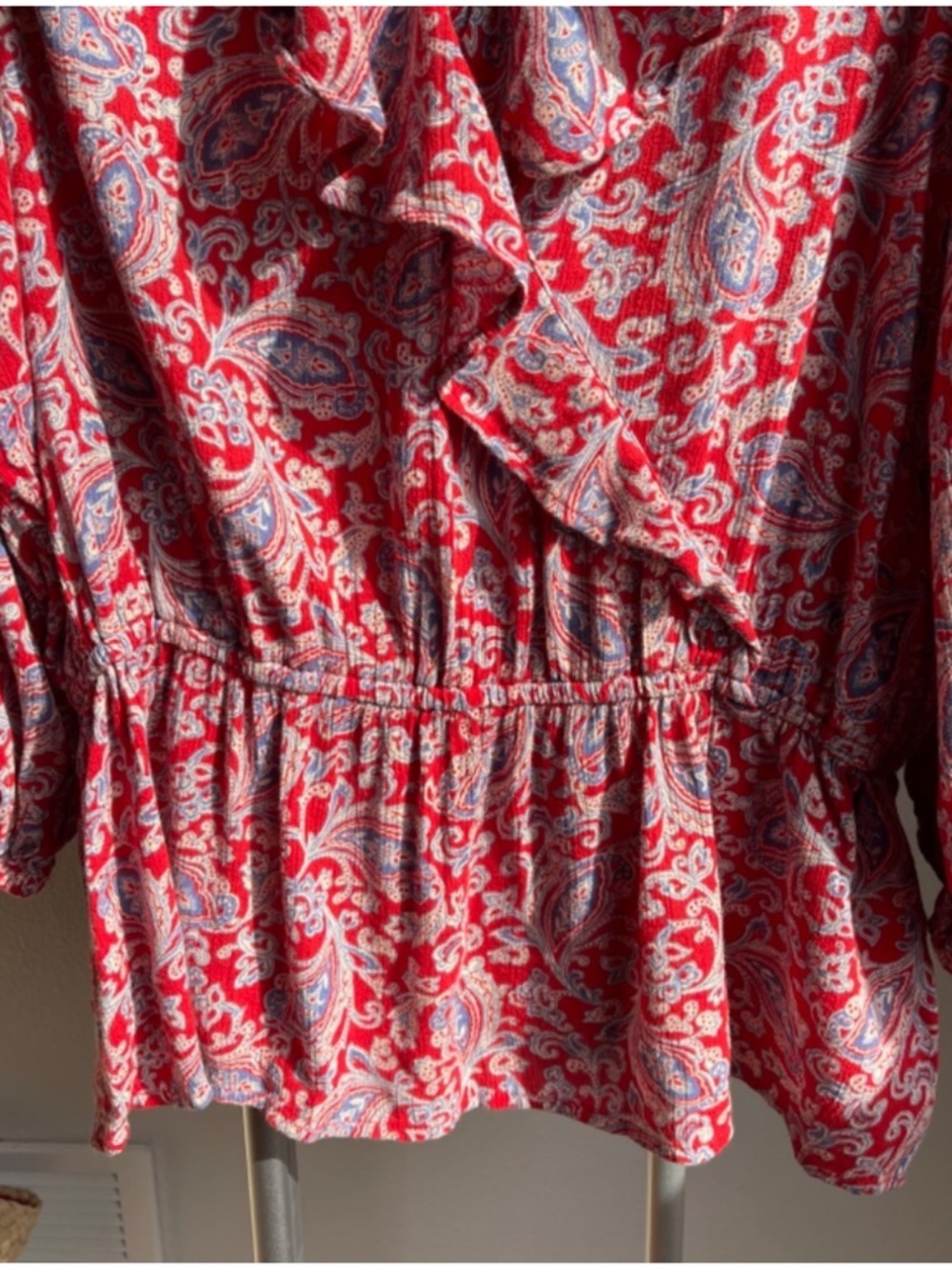 Chaps Boho Paisley Ruffle Neck Peasant Blouse Red Blue Gauze Top - Picture 9 of 9